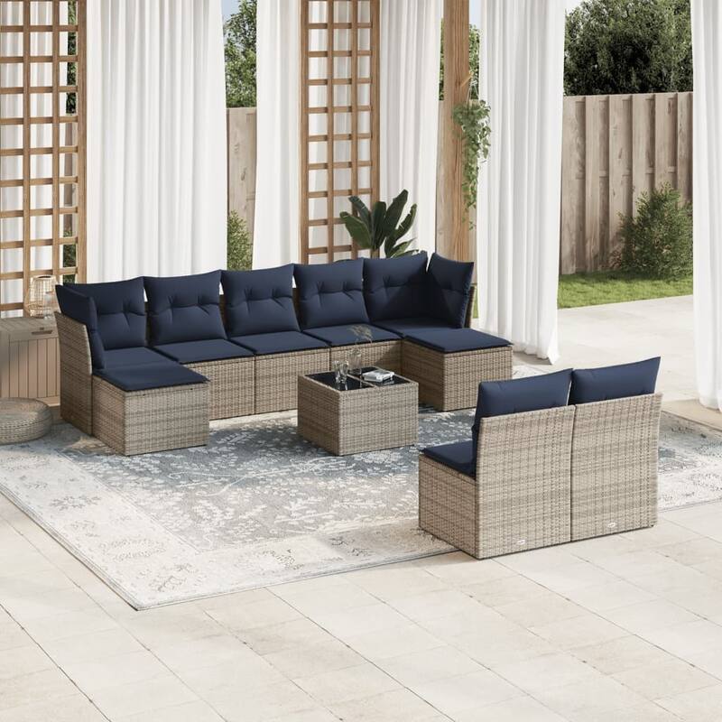 vidaXL 9/10 Piece Patio Sofa Set with Cushions Black/Brown/Gray Poly Rattan - 21.7 x 24.4 x 27.2 - Beige and gray With table