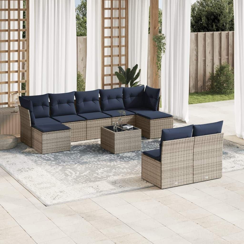 vidaXL 9/10 Piece Patio Sofa Set with Cushions Black/Brown/Gray Poly Rattan - 21.7 x 24.4 x 27.2