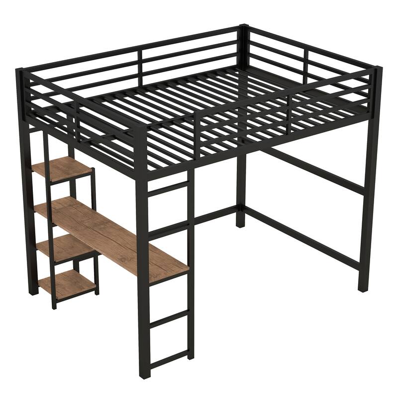Full Size Black Metal Loft Bed with Built-in Desk and Storage Shelves