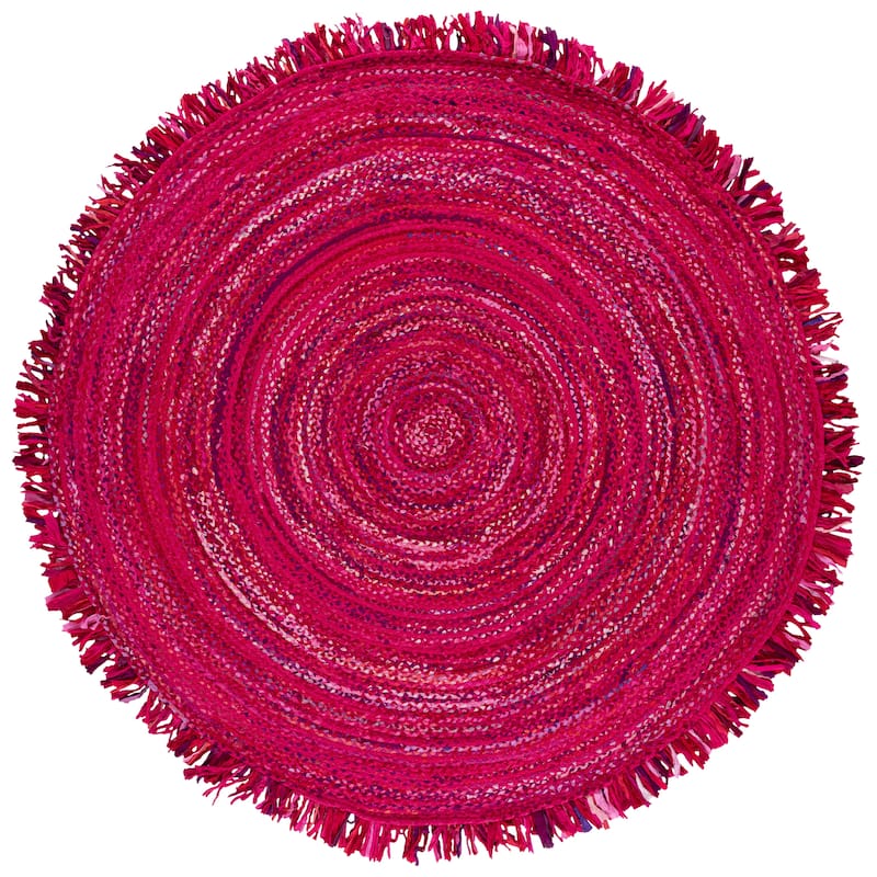 SAFAVIEH Handmade Braided Samya Country Cotton Rug with Fringe - 8' Round - Pink/Fuchsia