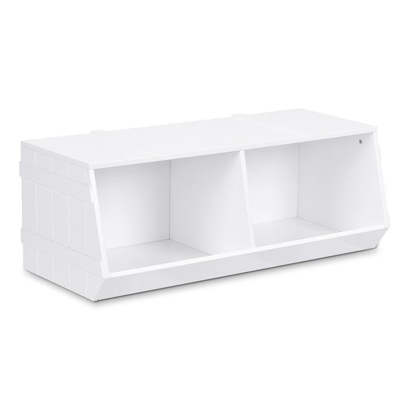 white bookcase with toy box
