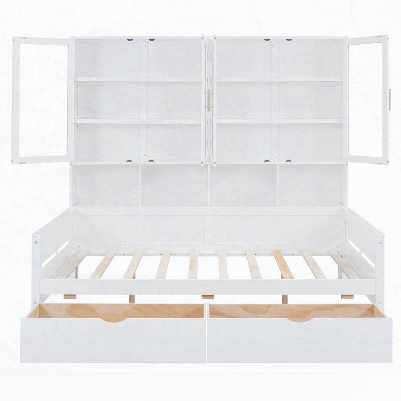 Wooden Daybed with Glass-Door Storage Cabinets and Built-in LED Lighting