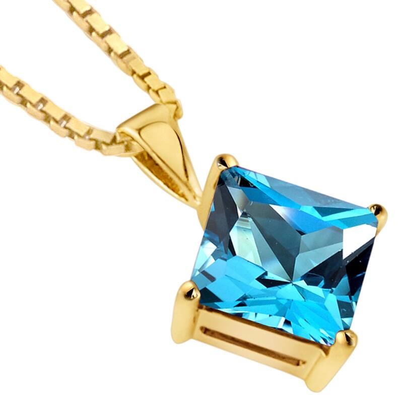 14k Yellow Gold Princess Cut 3.00 cts Swiss Blue Topaz Pendant