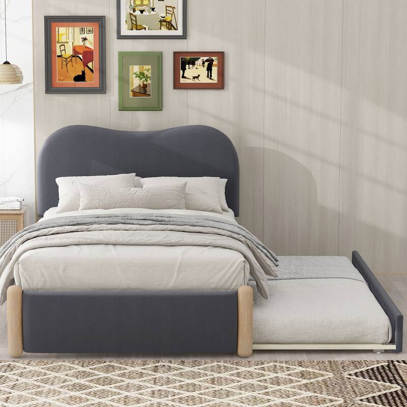 Upholstered Platform Bed with Wood Supporting Feet and Twin Size Trundle - Grey - Twin