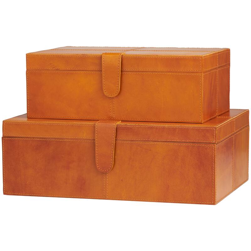 Brown Leather Storage Box with Snap Front Closure and Detailed Stitching (Set of 2)