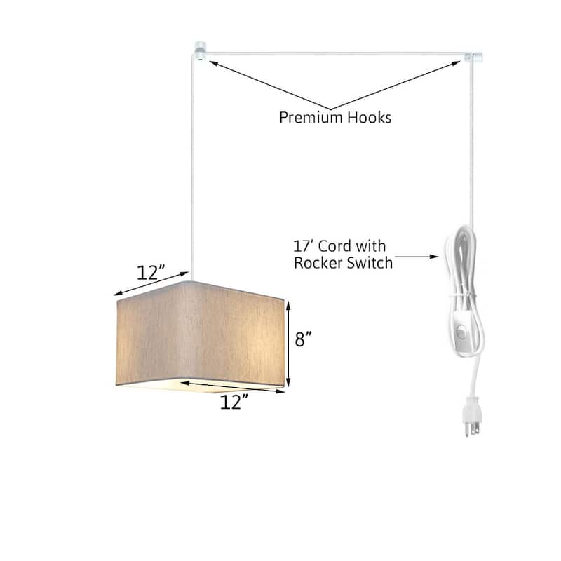 1 Light Swag Plug-In Pendant 14"w Rounded Corner Square Oatmeal Drum Shade, White Cord - N/A