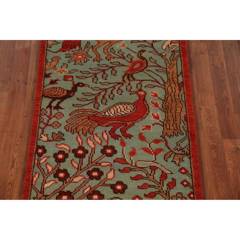 Animals Green Ziegler Indian Runner Rug Handmade Wool Carpet - 2'7"x 7'11"