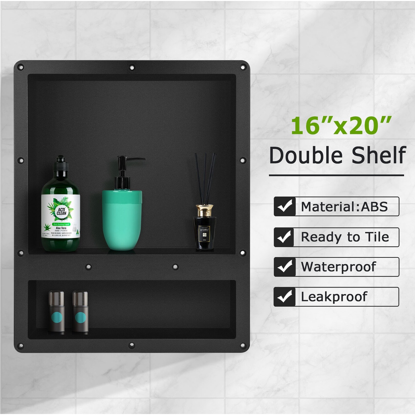 thumbnail interactive-video image 1 of VEVOR 16x24 Preformed Double Recessed Shower Niche - Waterproof XPS - Black 1 of 4