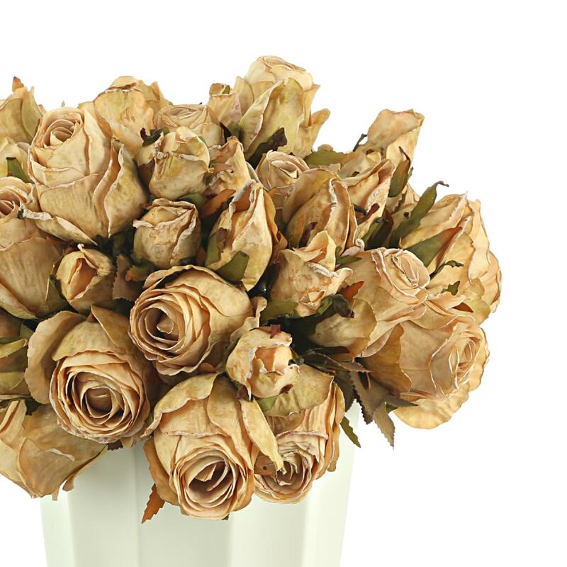 Dried Rose Bundle in a Ceramic Pot with Wooden Base - Cream, White