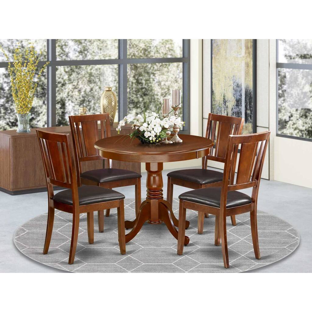 HomeStock 5-Piece Round Mahogany Finish Solid Wood Top Dining table with 4-Chairs with Lattice Back