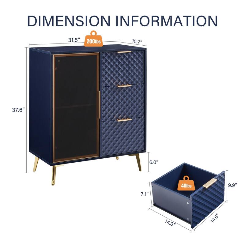Modern Storage Cabinet withTempered Glass Door, Gold Legs ,3 Drawers and Display Shelf