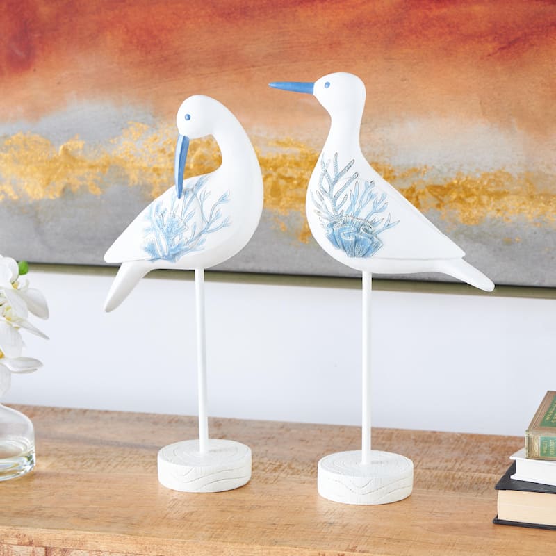 Polystone Bird Decorative Sculpture with Blue Coral Patterns and Wood Inspired Bases - Set of 2 White - Roche River Decor