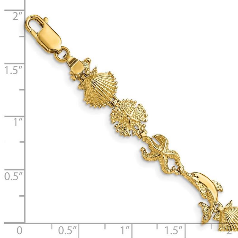 Curata 14k Yellow Gold Scallop Sand Dollar Sea shell Nautical Starfish Dolphin Bracelet 7 Inch