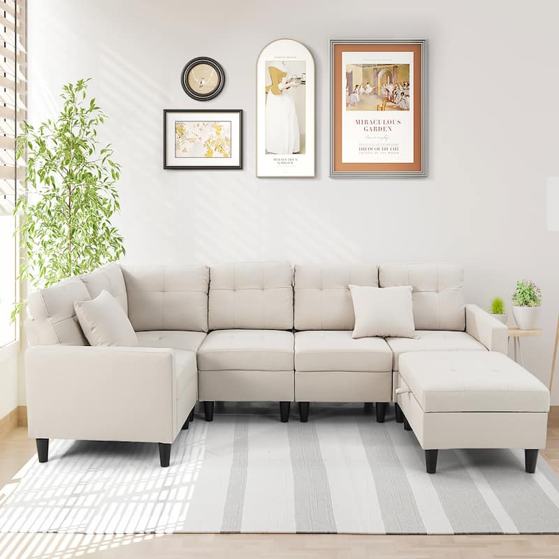 Gymax L-shaped Sectional Corner Sofa Set Living Room Furniture w/ - Beige