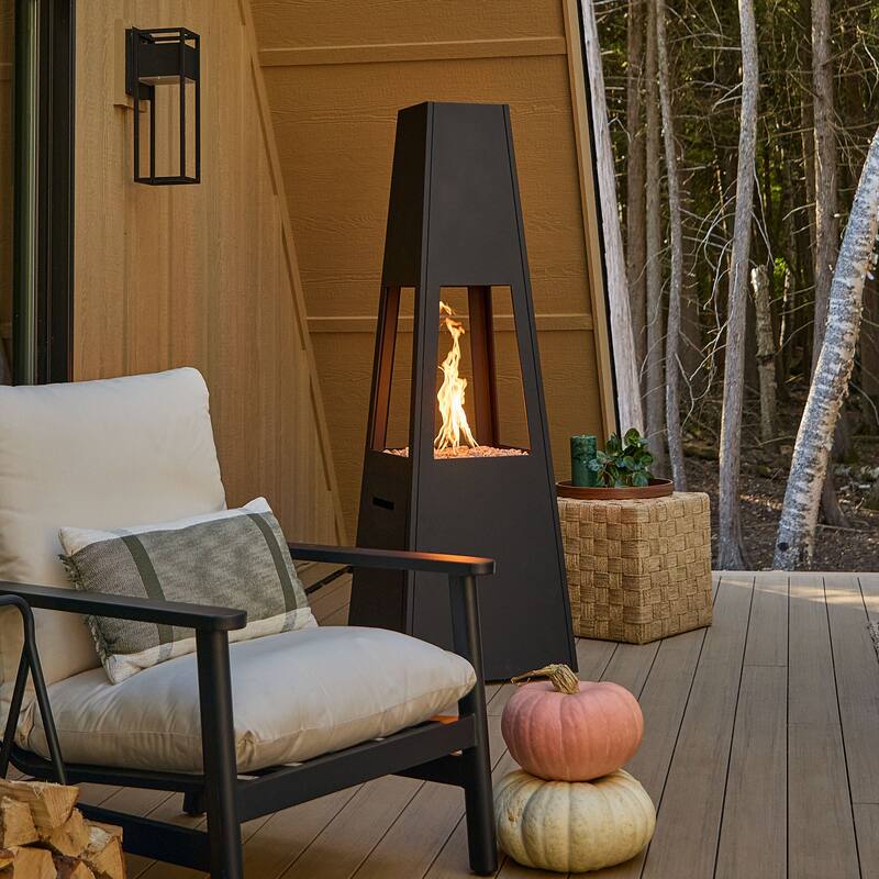 Ferro 70" Metal Chiminea Fire Pit with Hidden Propane Tank in Black by Real Flame