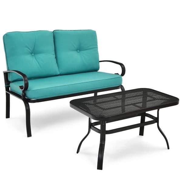slide 2 of 40, Costway 2PCS Patio Loveseat Bench Table Furniture Set Cushioned Chair