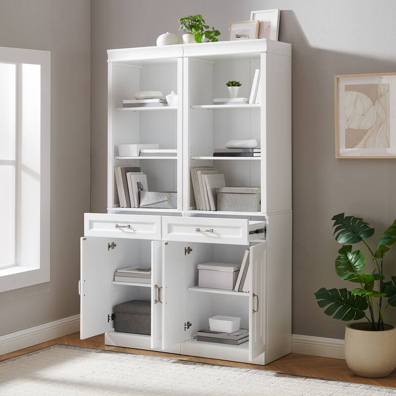 2-Piece Storage Bookcase Set - White Bookcases with Adjustable Shelf & Drawer - Farmhouse Kitchen Furniture