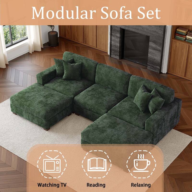 Oversized Chenille Modular Sectional Sofa Conversation Set with 2 Ottomans