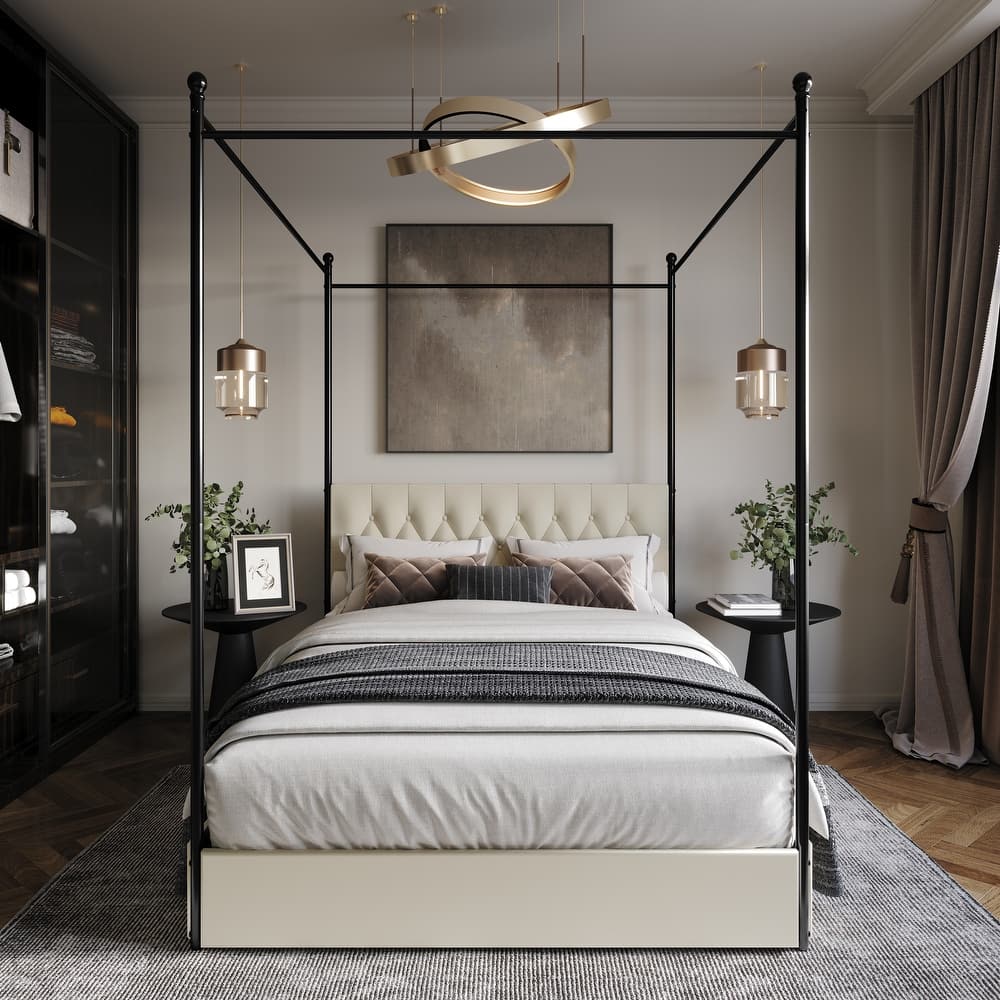 Clayfell Harlan Queen Upholstered Metal Storage Canopy Bed, Beige