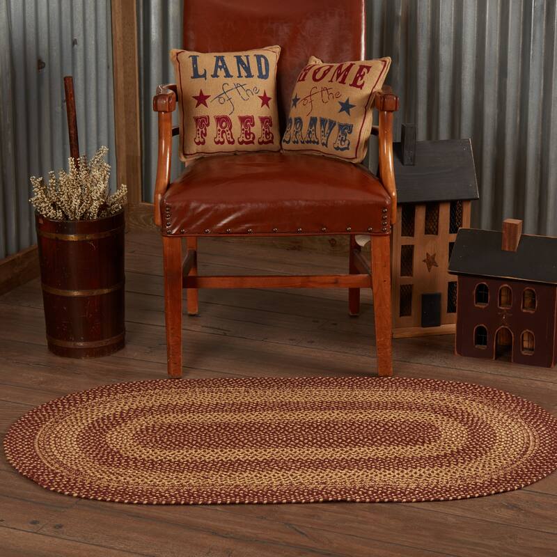 Burgundy Tan Jute Rug Oval w/ Pad 27x48 - 27x48 - Red