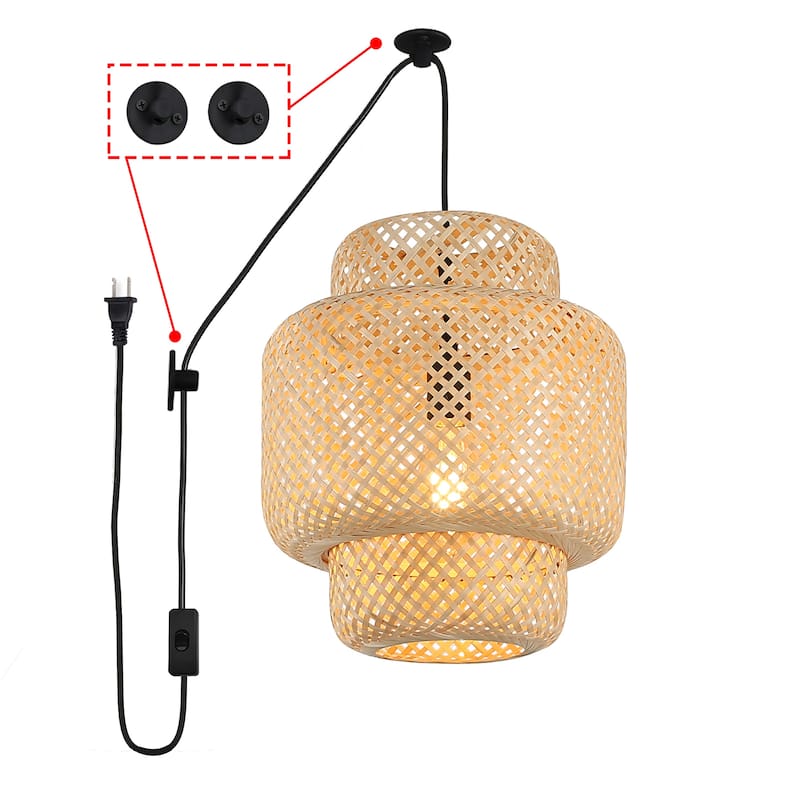 Adjustable Handmade Bamboo Contemporary Farmhouse Rustic Celling Hanging Wall Lamp - Plug in Rattan Lantern Chandelier Lights - 11.81*11.81*14.17