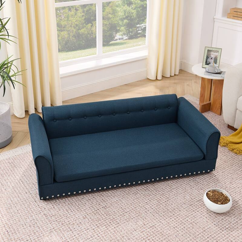 Oversized Pet Sofa, Elegant Modern Linen Fabric Elevated Dog Sofa Bed, Oversized Rectangular Pet Bed with Backrest & Armrest