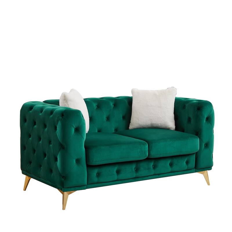 Velvet Chesterfield Loveseat Sofa, Tufted Button Upholstered 2 Seater Sofa, Lounge Sofa Chair with 2 Pillows & Metal Legs