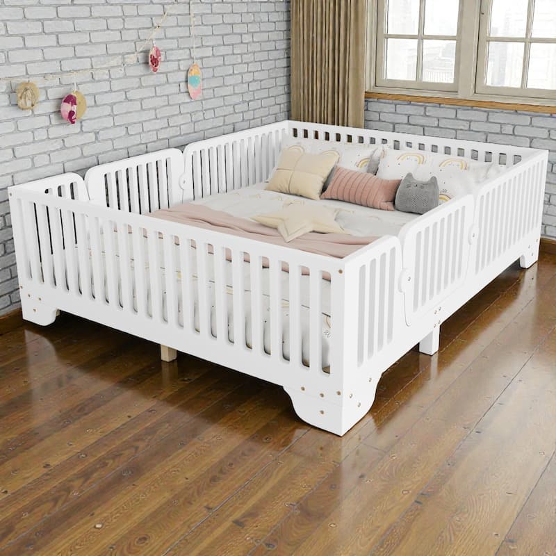 Montessori Floor Bed with Fence and Door, Kids Floor Bed Frame with Slats, No Box Spring Needed