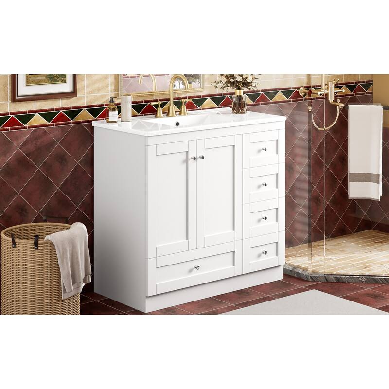 GDFStudio - Vega Wood & Ceramic 36" Shaker Style Bathroom Vanity with Sink, 4 Drawers & 2 Doors