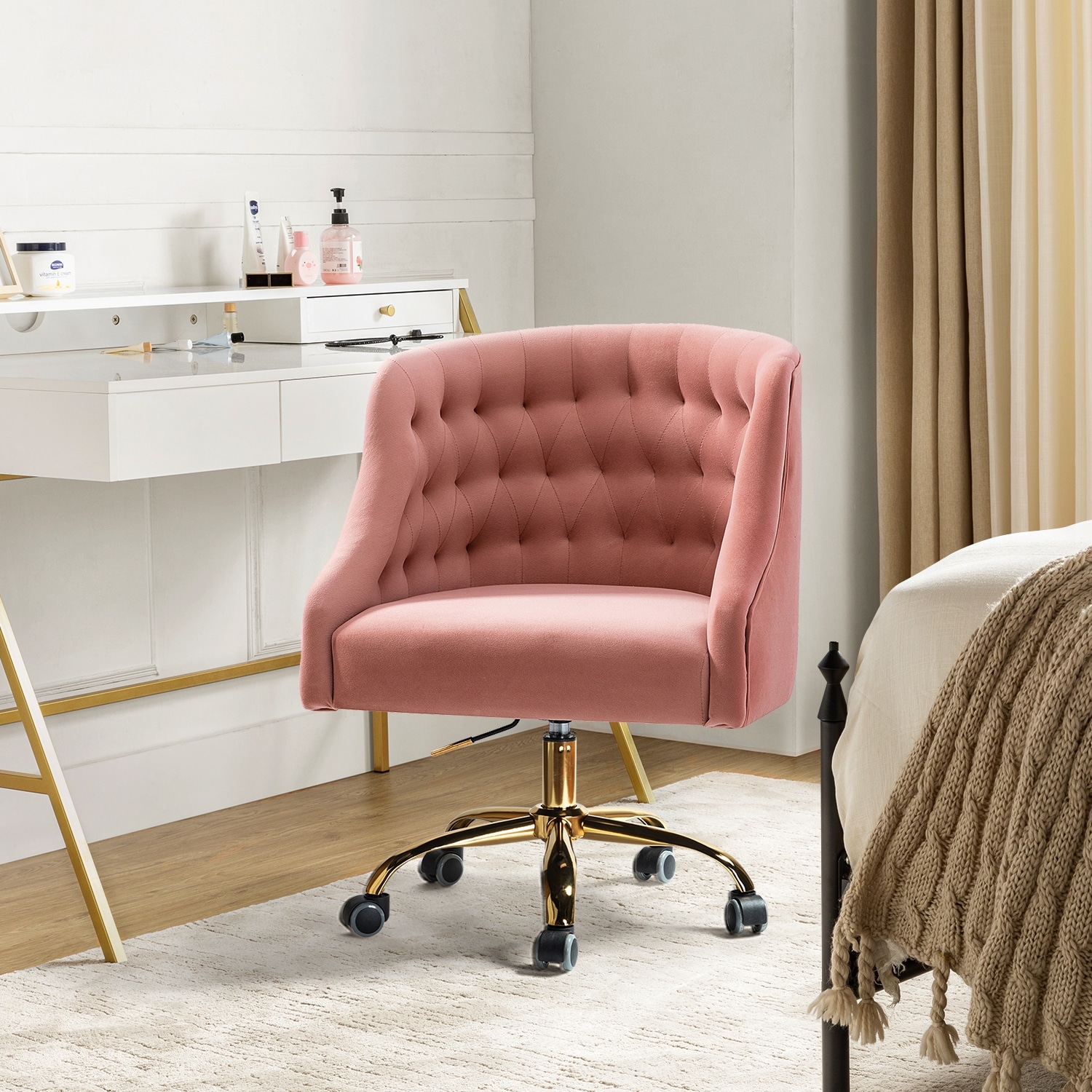 Tufted Velvet Upholstered Office Chair in Navy Blue - Single