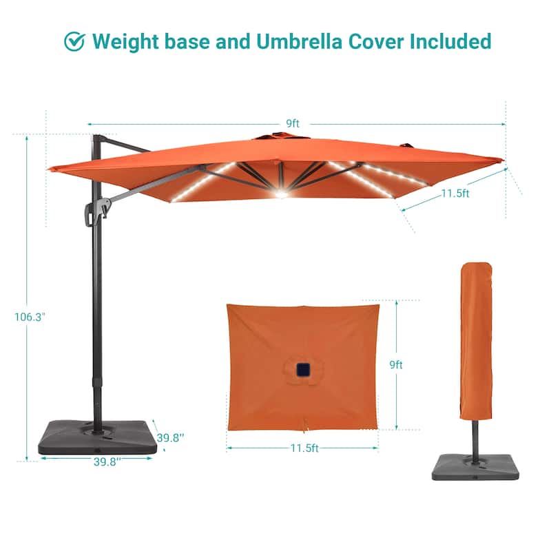 BONOSUKI 11.5x9FT LED Cantilever Patio Umbrella 360 Rotation w/Base