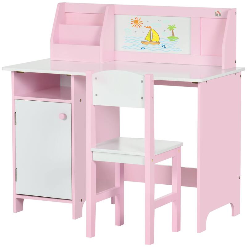 Qaba Toddler Desk and Chair Set, Kids Writing Desk Study Table for Children with Whiteboard