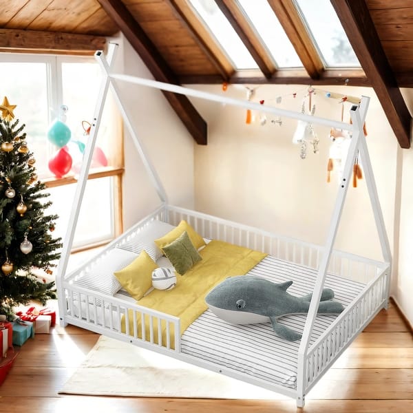 slide 2 of 12, House-Shaped Metal Full Size Platform Bed with Triangle Structure and Guardrail,Sturdy Frame