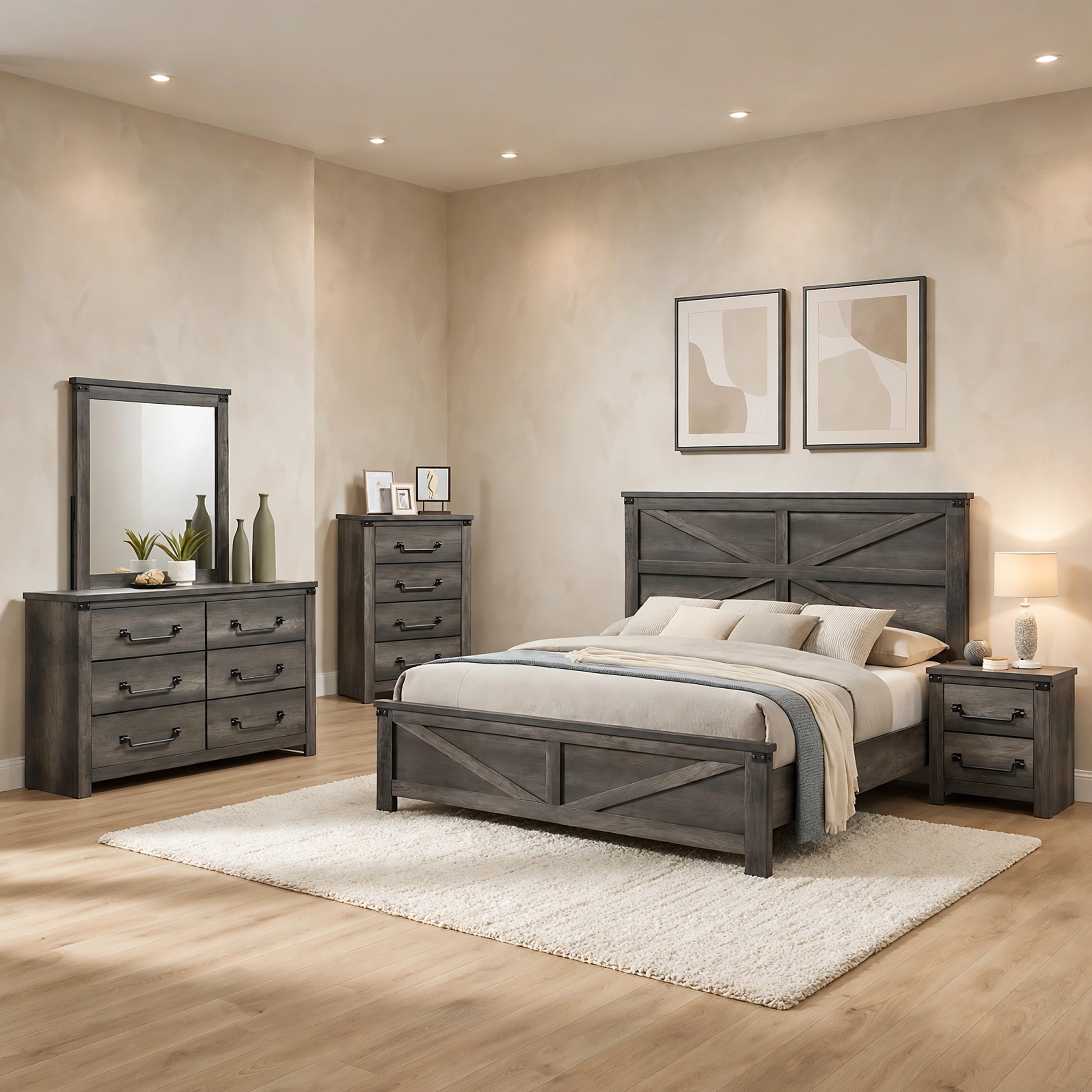 rustic grey dresser and nightstand set Bry 5pc Farmhouse Queen Complete Bedroom Set, Gray, Tall Lilac Tulle Prom Dresses