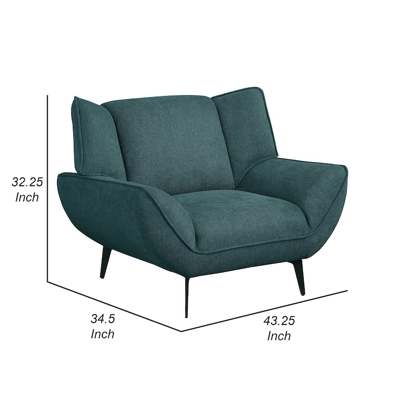 Toer 43 Inch Accent Sofa Chair, Flared Arms, Teal Blue Fabric, Black Metal