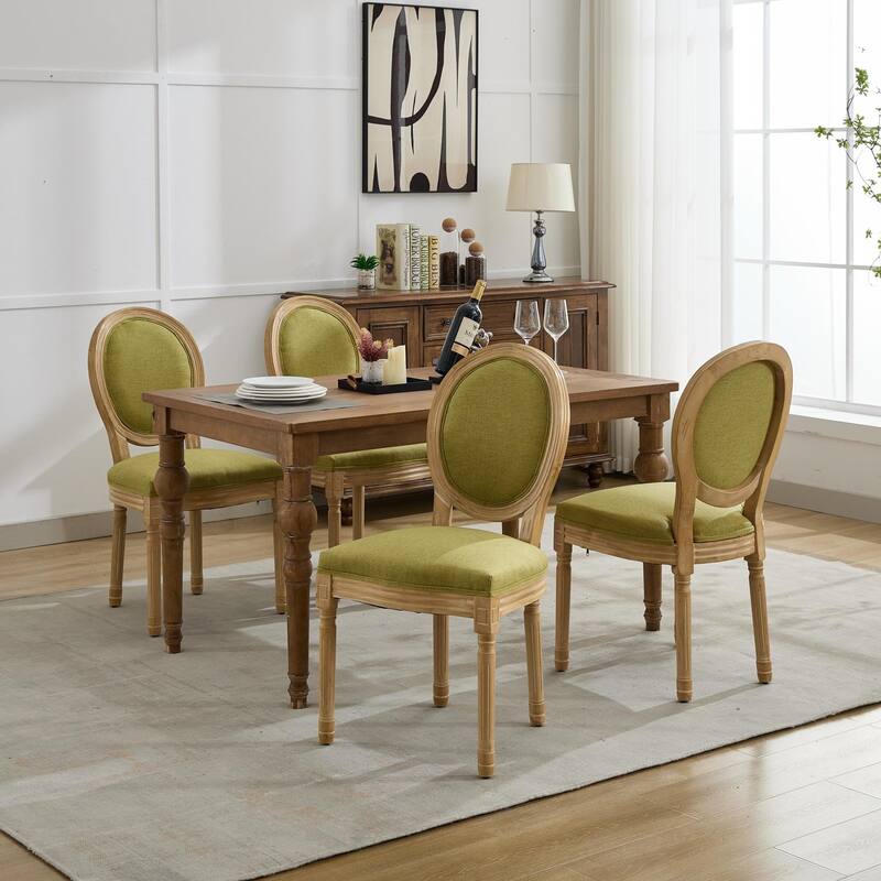 Kitchen Linen Dining Chair Set of 2, Wooden Frame Chair w/ Oval Backrest