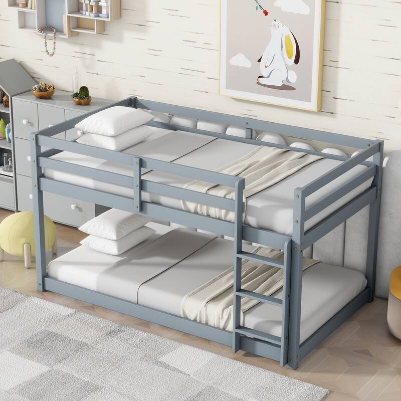 Twin over Twin Solid Wooden Bunk Bed with Ladder, Grey, Rubber Wood & Plywood