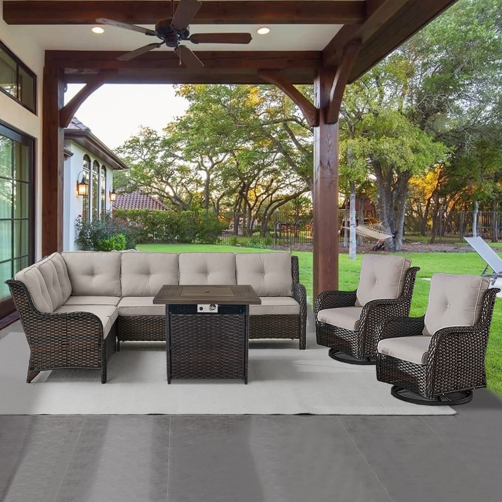 Gymojoy 4-Piece Outdoor Wicker Patio Furniture with Fire Pit and L-shaped Sectional Sofa, Coversation Set with Thick Cushions