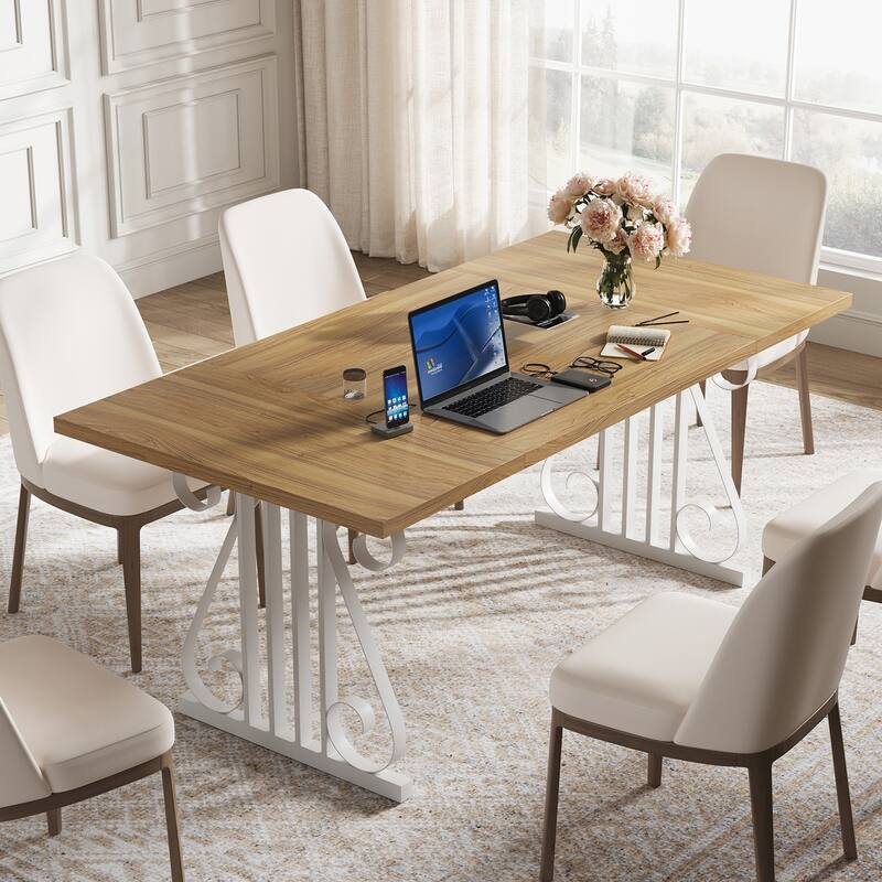Dining Table with Faux Marble Top, Kitchen Table for 6-8 People, Home Office Table with Adjustable Feet
