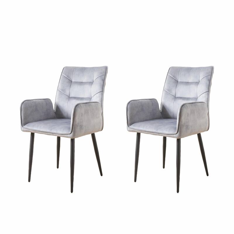 Velvet Dining Chairs (Set of 2) - Stain-Resistant, Iron Frame - Light Grey - With Arms