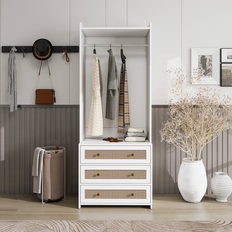 Wardrobe with 3 Drawers High Wardrobe Armoire With Rattan For Living Room, Bedroom Organizer - White