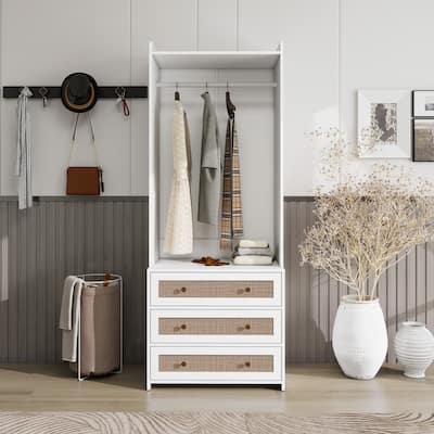 Wardrobe with 3 Drawers High Wardrobe Armoire With Rattan For Living Room, Bedroom Organizer