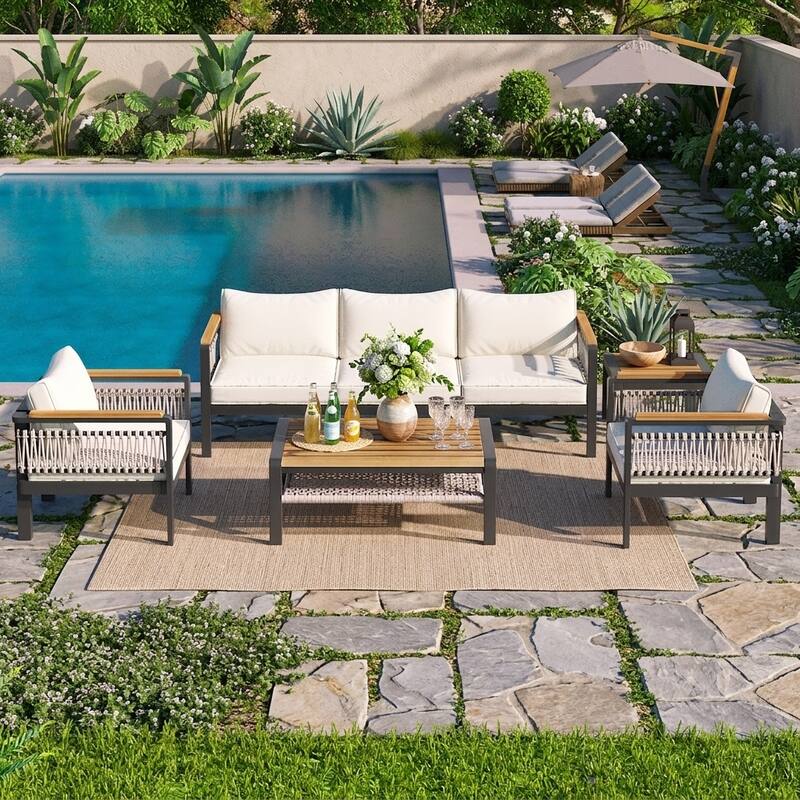 4-Piece Outdoor Conversation Sofa Set with Acacia Wood Coffee Table by Leisure Zone