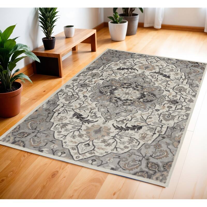 Power Loomed Floral Non Skid Stain Resistant Low Pile Area Rug - 72' X '48' X '0.25 - 72' X '48' X '0.25 - Black - Rectangle