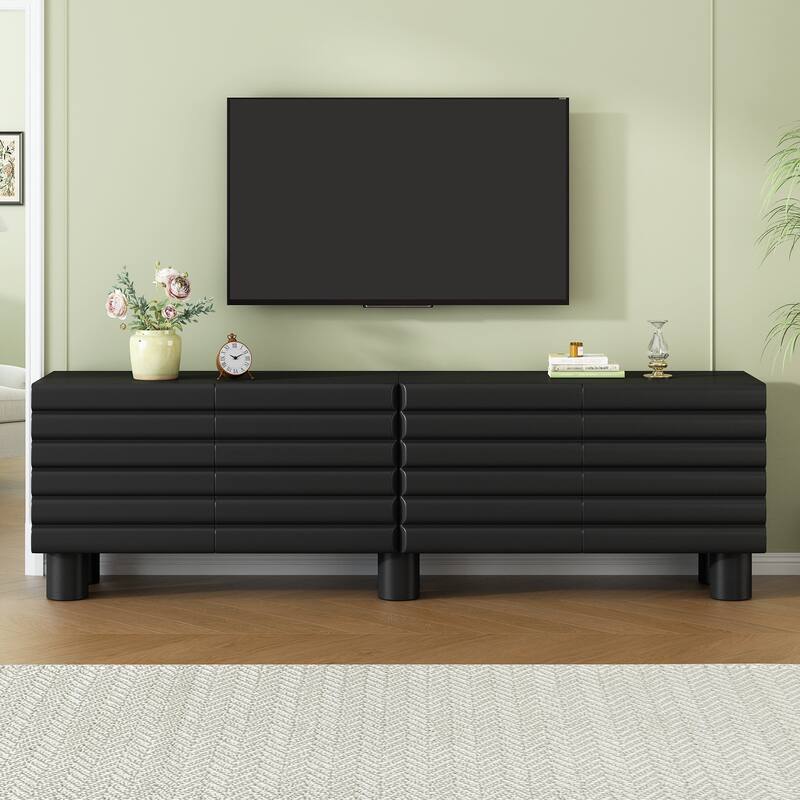 75 inch TV Stand Media Console with 4 Cabinets, Cream Wavy Door Cabinet with Cylindrical Legs & Cable Management - Black