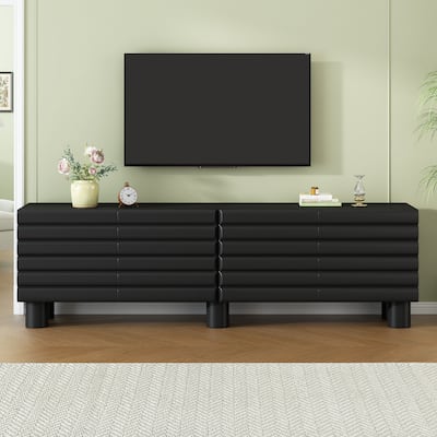 75 inch TV Stand Media Console with 4 Cabinets, Cream Wavy Door Cabinet with Cylindrical Legs & Cable Management