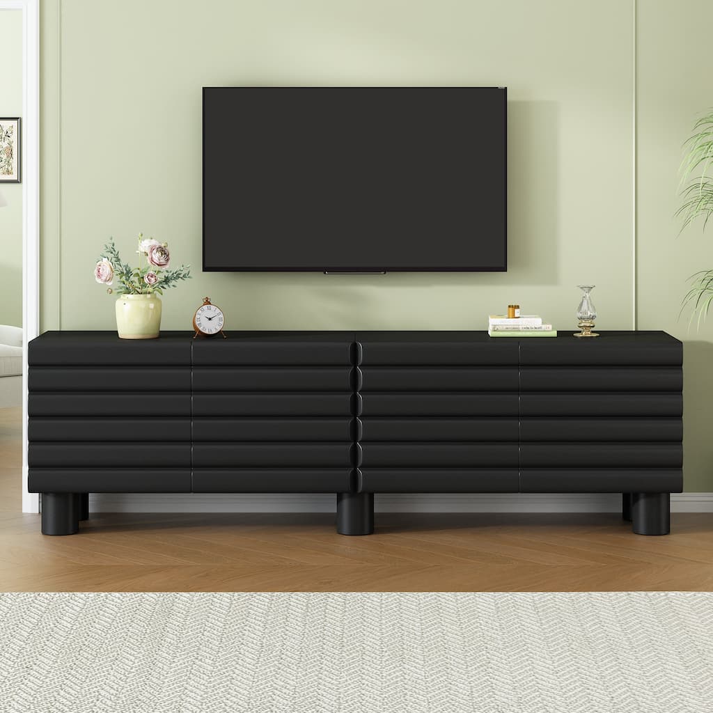 75 inch TV Stand Media Console with 4 Cabinets, Cream Wavy Door Cabinet with Cylindrical Legs & Cable Management