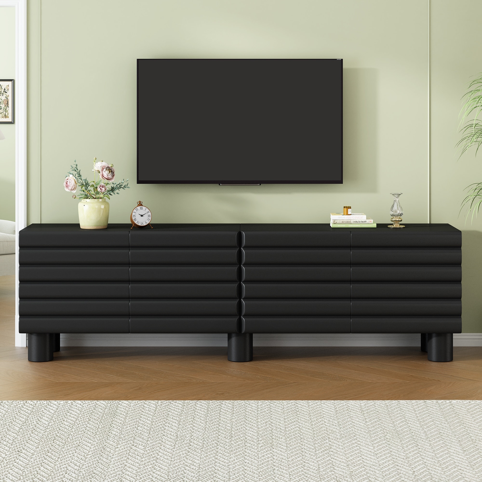 Roomfitters Wavy Door TV Cabinet, Stylish Media Console with Adjustable Shelves and Cylindrical Legs, TV Stand for TVs Up to 75"