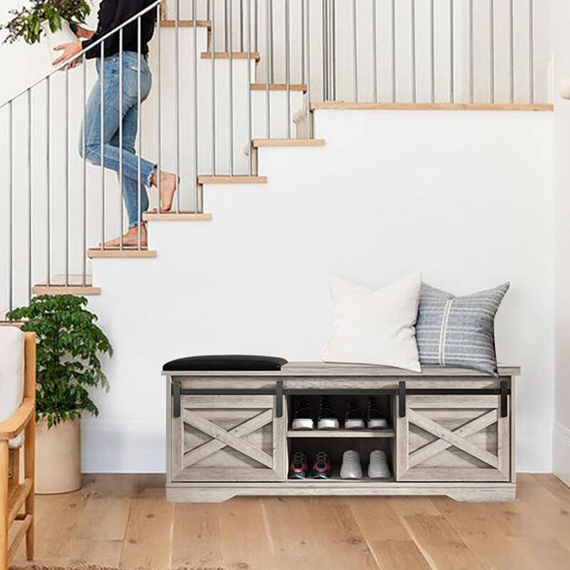 47" Farmhouse Entryway Shoe Bench with Thickened Cushion