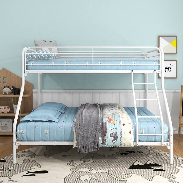 slide 2 of 7, Twin Over Full Metal Bunk Bed, Heavy Duty Bunk Beds Frame w/ Upper-Level Guardrail and Ladders Suitable for Kids/Teen, White White - Full